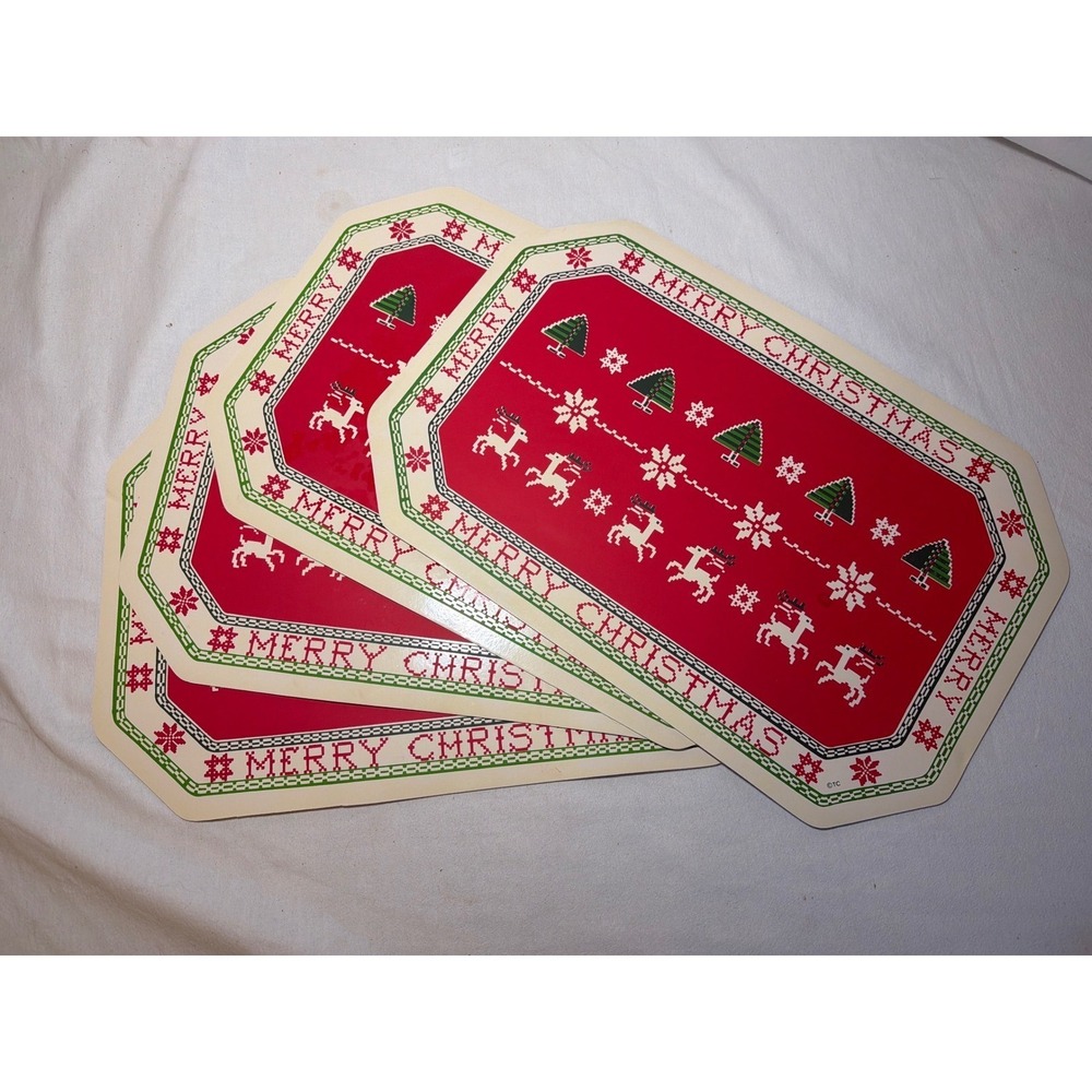 Vintage OTC Merry Christmas Vinyl Placemats Set of 4 Reindeer Trees Red Retro